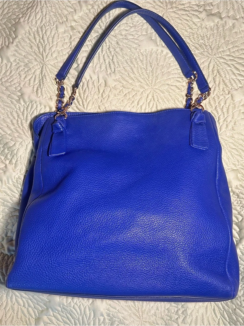 Tory Burch Harper Cobalt Blue Pebbled Leather Shoulder Tote Bag